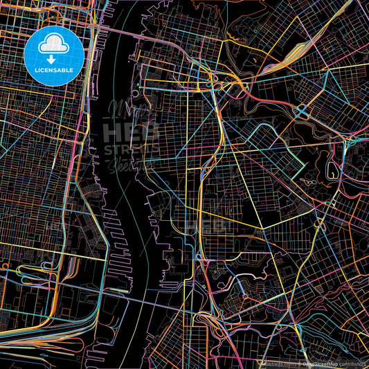 Camden, New Jersey, United States, colorful city map on black background