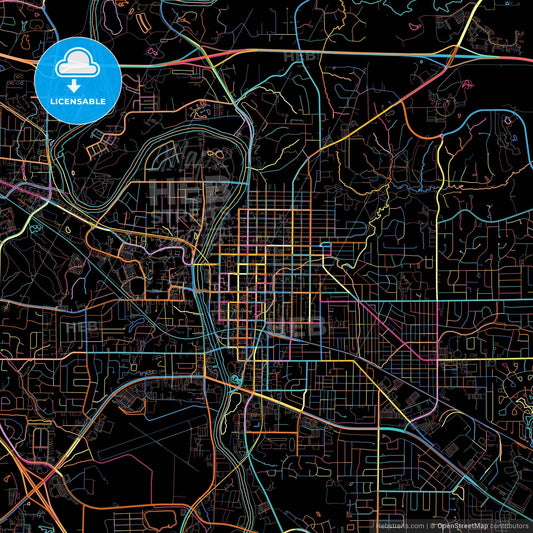 Iowa City, Iowa, United States, colorful city map on black background