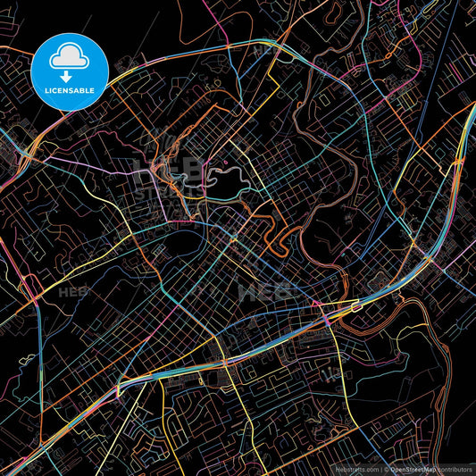 New Braunfels, Texas, United States, colorful city map on black background
