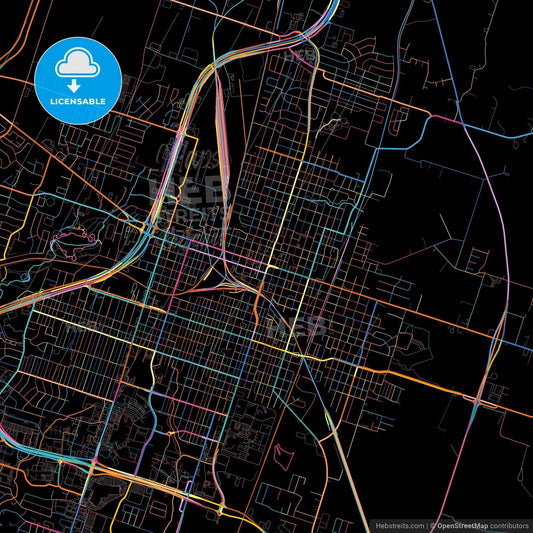 Temple, Texas, United States, colorful city map on black background