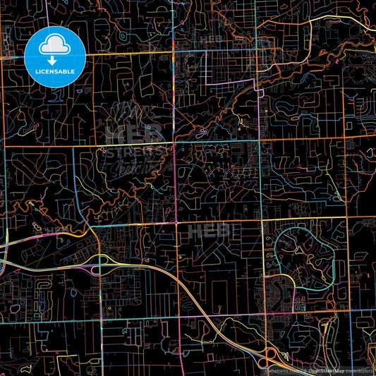 Rochester Hills, Michigan, United States, colorful city map on black background