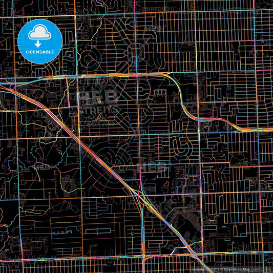 Southfield, Michigan, United States, colorful city map on black background