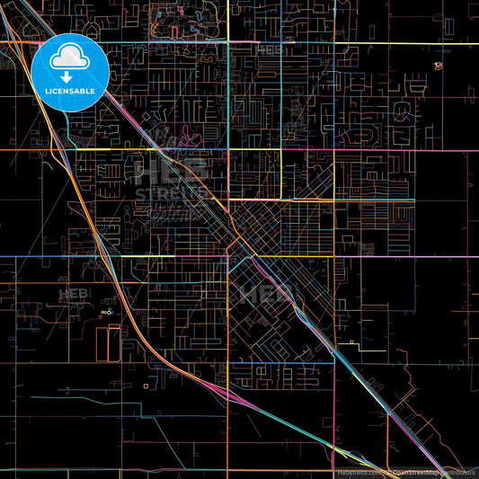 Turlock, California, United States, colorful city map on black background