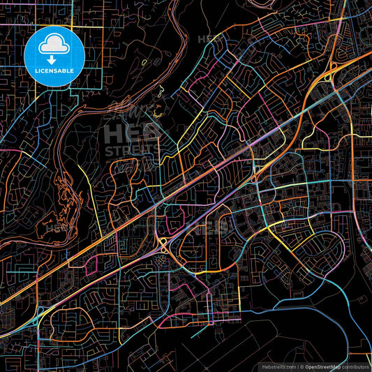 Rancho Cordova, California, United States, colorful city map on black background