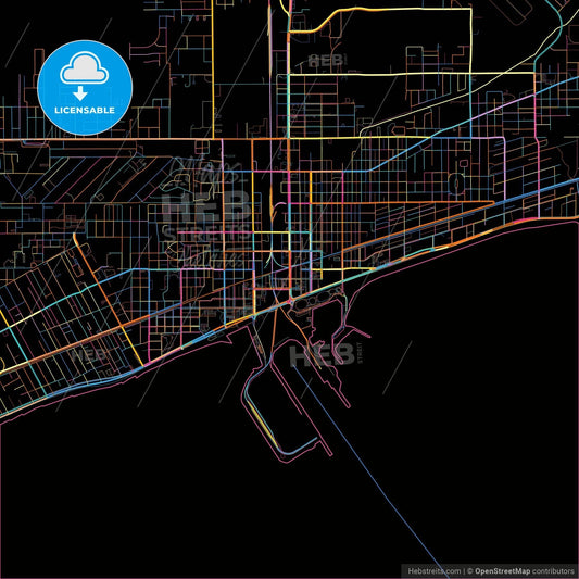 Gulfport, Mississippi, United States, colorful city map on black background