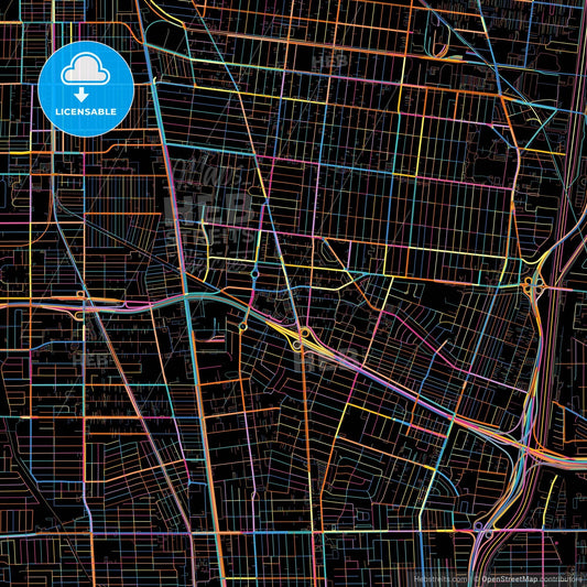 Lynwood, California, United States, colorful city map on black background