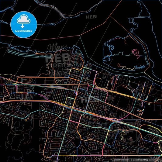 Pittsburg, California, United States, colorful city map on black background