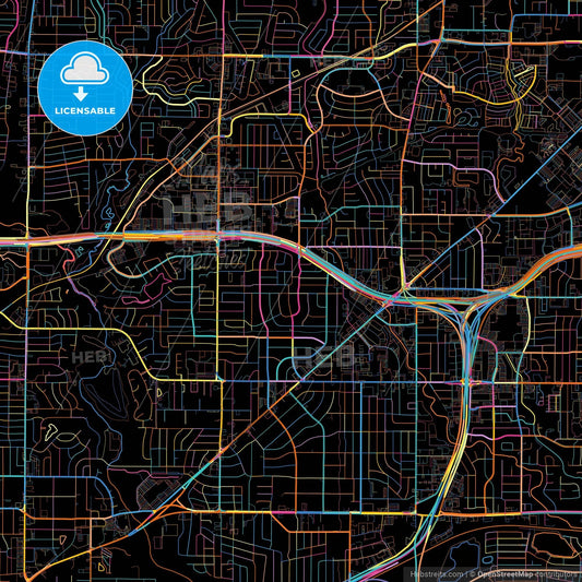 North Richland Hills, Texas, United States, colorful city map on black background