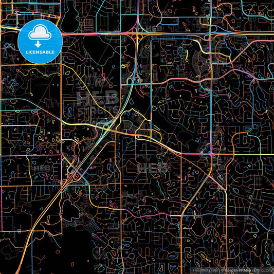 Woodbury, Minnesota, United States, colorful city map on black background