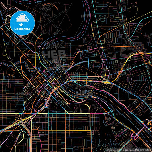 Bossier City, Louisiana, United States, colorful city map on black background