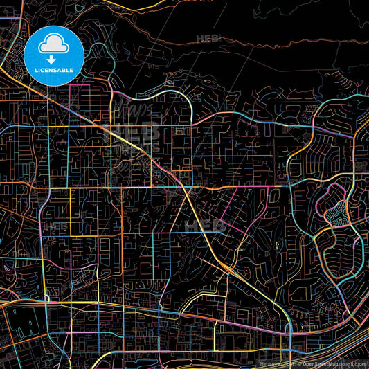 Yorba Linda, California, United States, colorful city map on black background