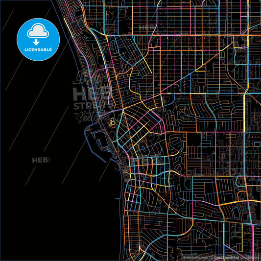 Redondo Beach, California, United States, colorful city map on black background
