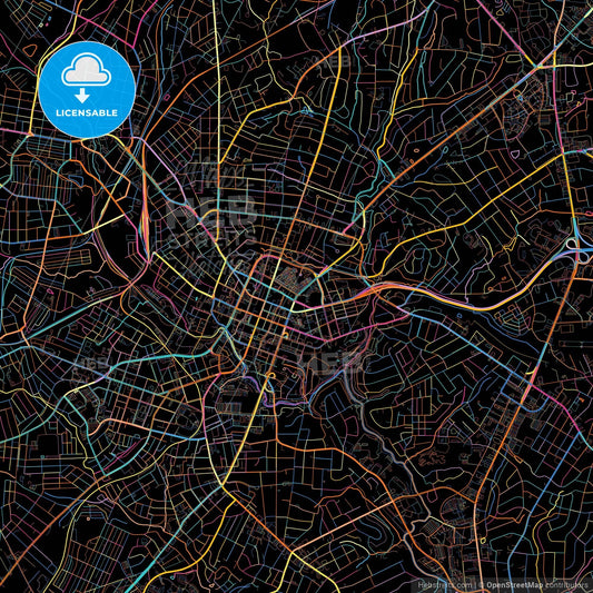 Greenville, South Carolina, United States, colorful city map on black background