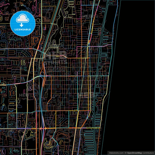 Delray Beach, Florida, United States, colorful city map on black background
