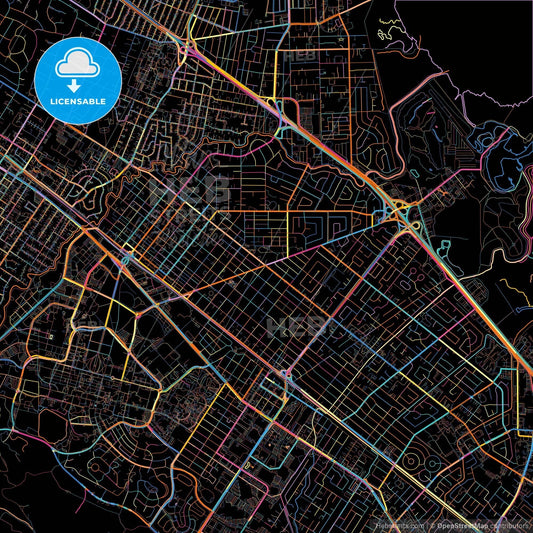 Palo Alto, California, United States, colorful city map on black background