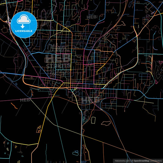 Jackson, Tennessee, United States, colorful city map on black background