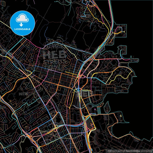 South San Francisco, California, United States, colorful city map on black background