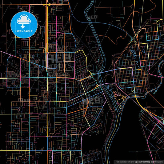 Yuba City, California, United States, colorful city map on black background