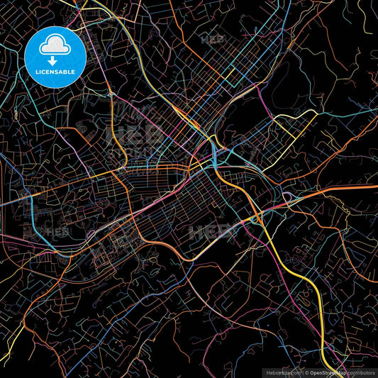 Johnson City, Tennessee, United States, colorful city map on black background