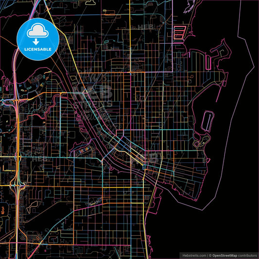 Oshkosh, Wisconsin, United States, colorful city map on black background