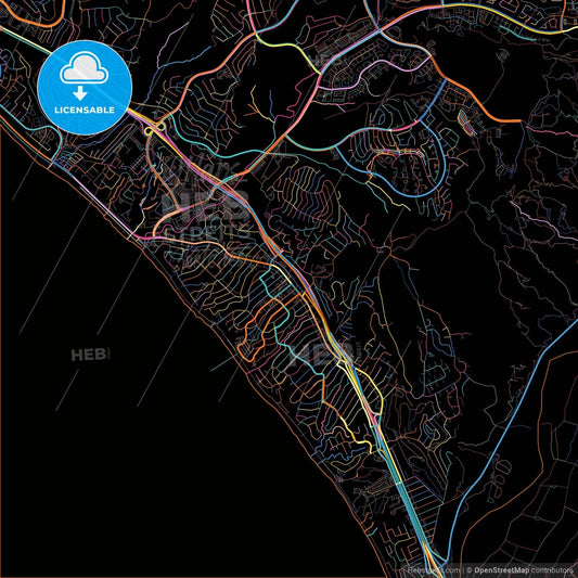 San Clemente, California, United States, colorful city map on black background
