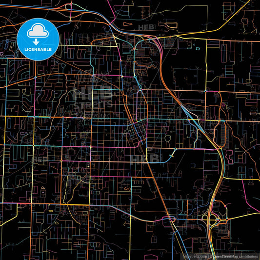 Conway, Arkansas, United States, colorful city map on black background