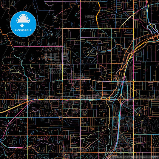 Shawnee, Kansas, United States, colorful city map on black background