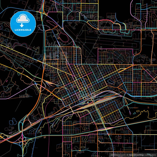 Cheyenne, Wyoming, United States, colorful city map on black background