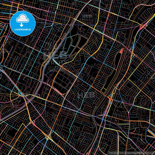 Pico Rivera, California, United States, colorful city map on black background