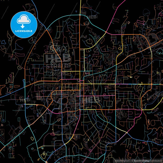 Auburn, Alabama, United States, colorful city map on black background