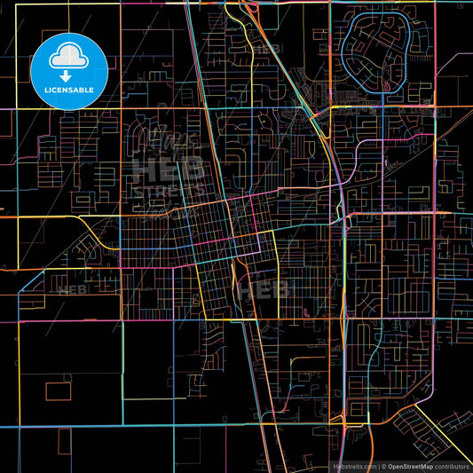 Tulare, California, United States, colorful city map on black background