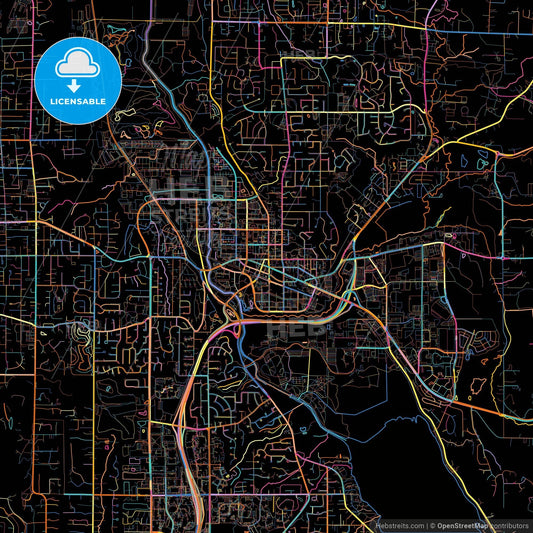 Redmond, Washington, United States, colorful city map on black background