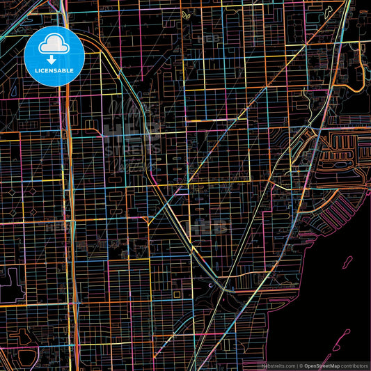 North Miami, Florida, United States, colorful city map on black background