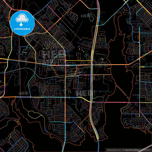 Rowlett, Texas, United States, colorful city map on black background