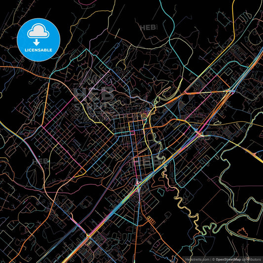 San Marcos, Texas, United States, colorful city map on black background