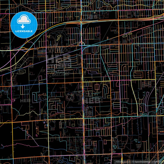 Taylor, Michigan, United States, colorful city map on black background