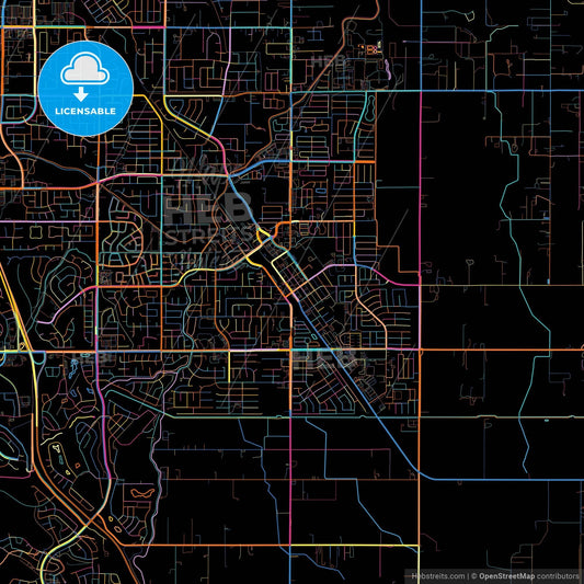 Brentwood, California, United States, colorful city map on black background