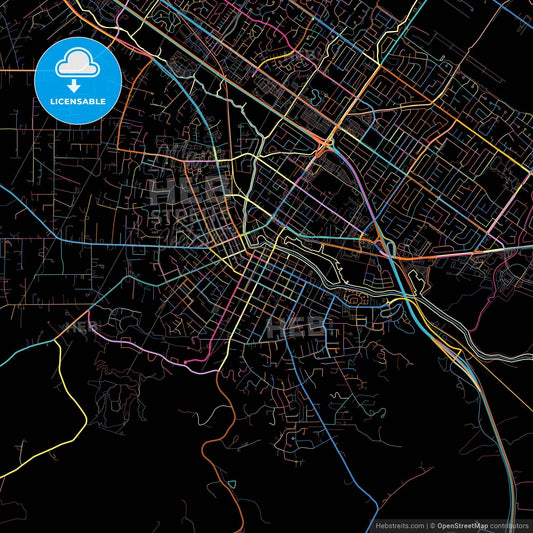 Petaluma, California, United States, colorful city map on black background