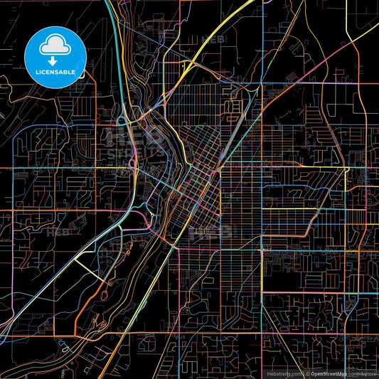 Idaho Falls, Idaho, United States, colorful city map on black background