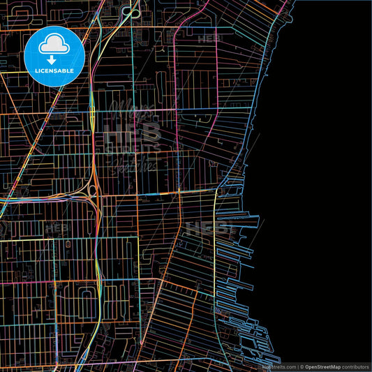 St. Clair Shores, Michigan, United States, colorful city map on black background