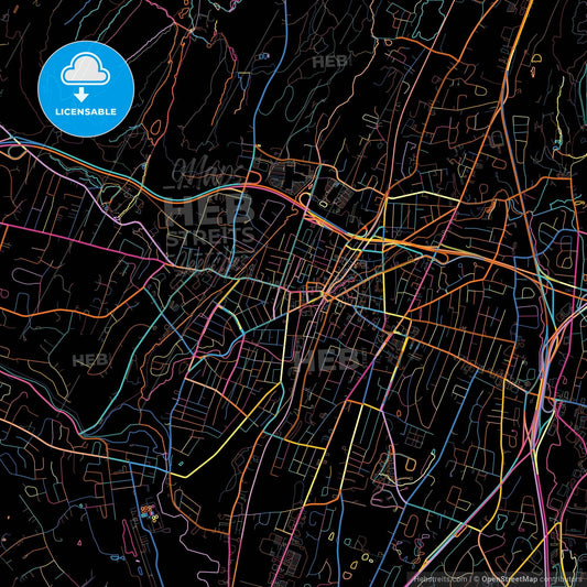 Meriden, Connecticut, United States, colorful city map on black background