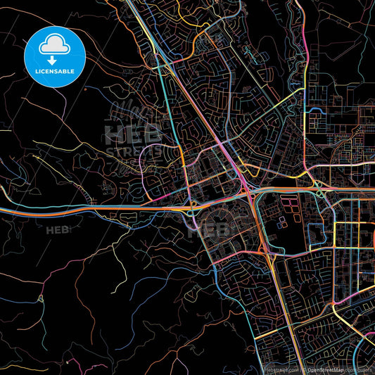 Dublin, California, United States, colorful city map on black background