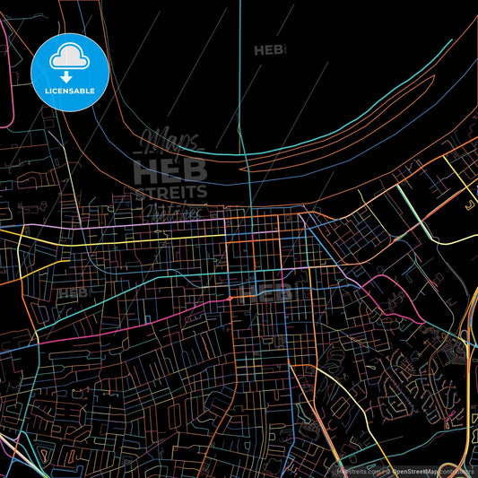 Owensboro, Kentucky, United States, colorful city map on black background