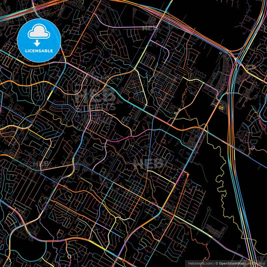 Pflugerville, Texas, United States, colorful city map on black background