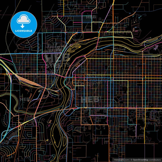 Great Falls, Montana, United States, colorful city map on black background