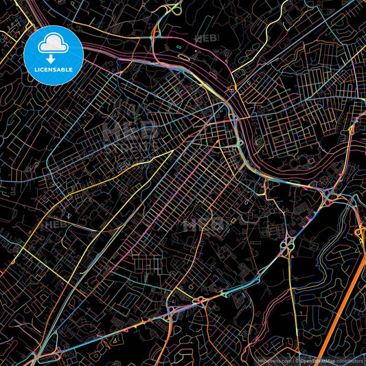 New Brunswick, New Jersey, United States, colorful city map on black background