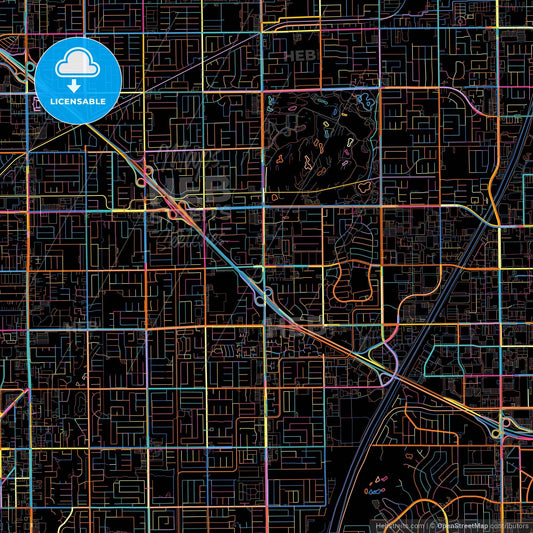 Fountain Valley, California, United States, colorful city map on black background