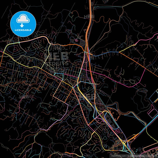 Novato, California, United States, colorful city map on black background
