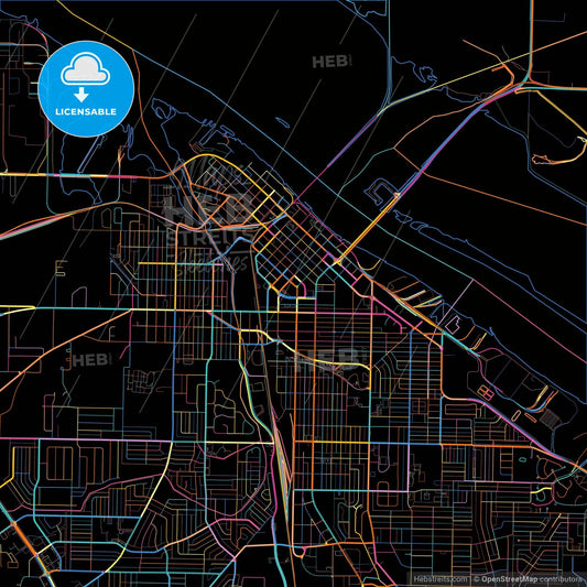 Decatur, Alabama, United States, colorful city map on black background