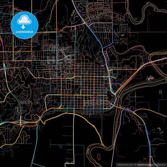 Manhattan, Kansas, United States, colorful city map on black background